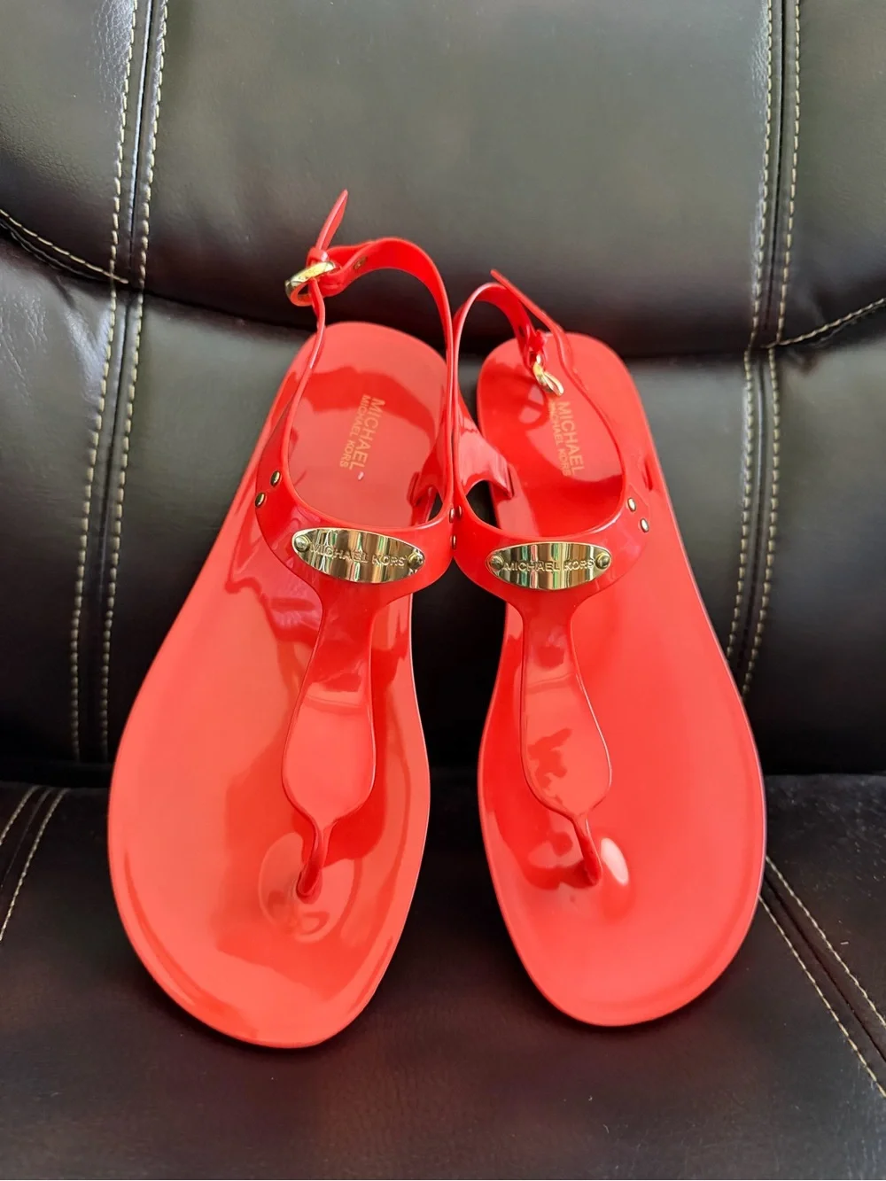 Michael Kors Coral T-Strap Jelly Sandals with Gold Accent